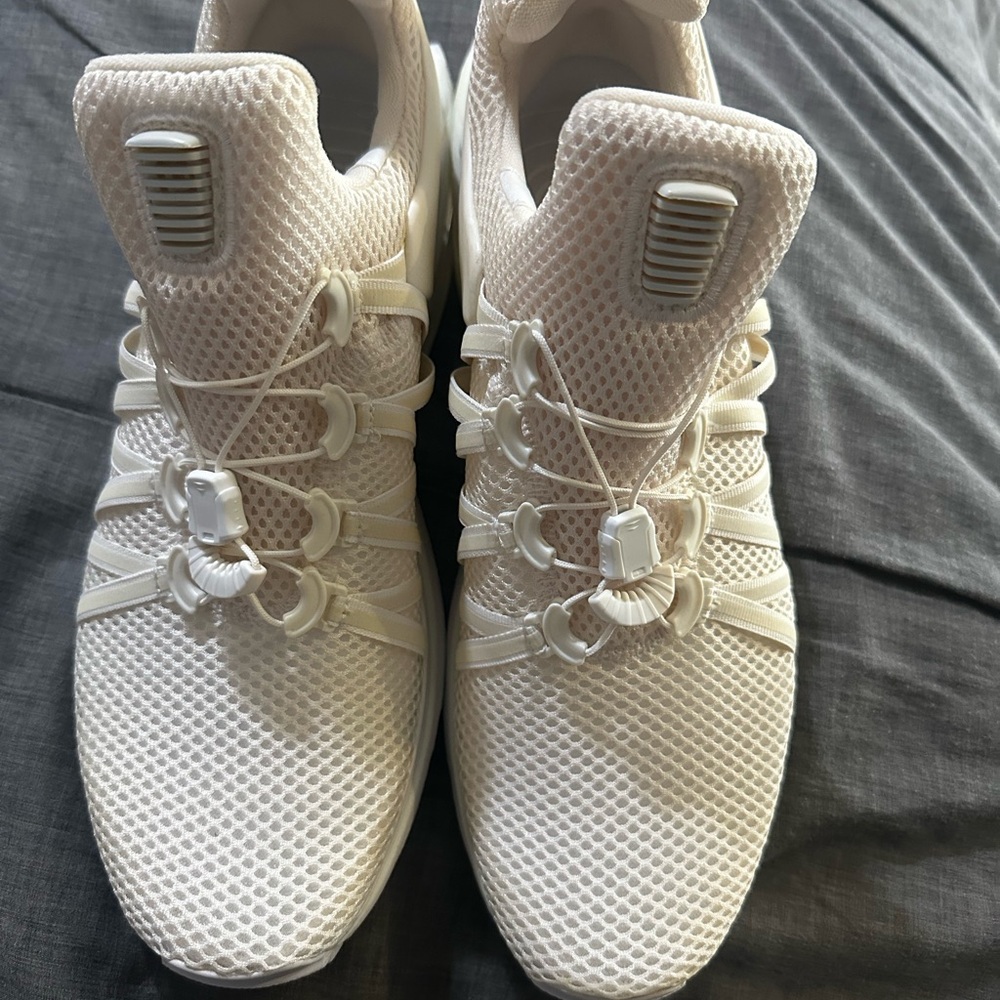 Nike White Gravity Shocks with Unique Lacing System